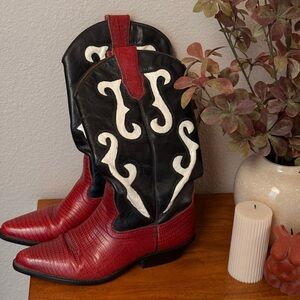Vintage Nine West Red & Black Leather Cowboy Boots